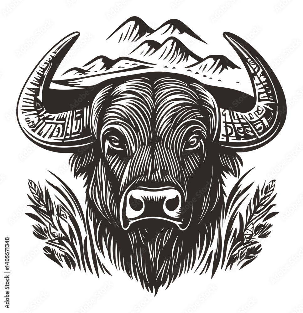 Fototapeta premium Engraving of a Buffalo Head with Mountains and Grass Detail