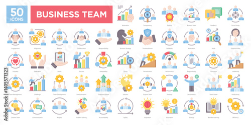 Business team icons collection set, including leadership, collaboration, motivation, and team development. Ideal for corporate presentations, HR materials, and business strategy visuals.