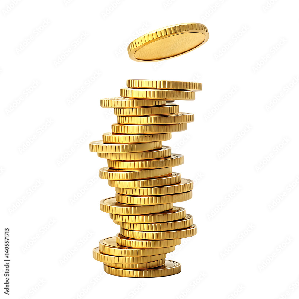 A stack of shiny gold coins, one coin falling. Wealth, finance, success concept. A stack of shiny gold coins, one coin falling. Wealth, finance, success concept.