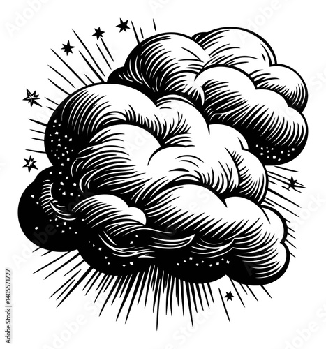 Vintage Engraving of a Dramatic Explosion Cloud with Stars