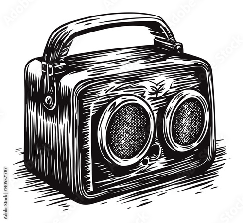 Vintage Engraving of a Classic Portable Radio Design