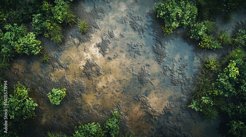 Intricate Wetlands with Layered Textures and Muddy Banks  