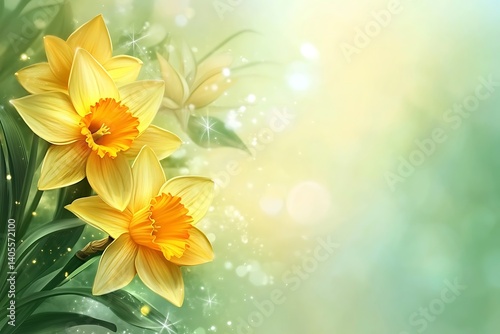 Elegant Daffodil Flowers with Bright Orange Centers on Soft Abstract Green Background