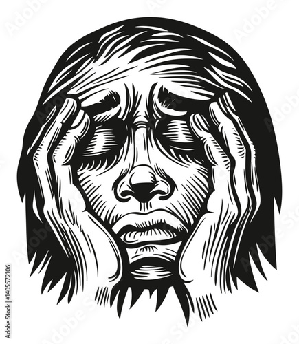 Emotional human face showing despair and distress in engraving style