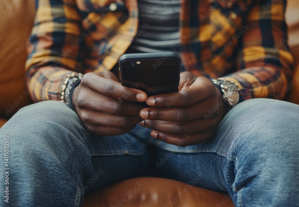 Person Using Smartphone in Casual Outfit Sitting on Couch Person Using Smartphone in Casual Outfit Sitting on Couch