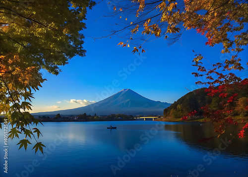 Mount Fuji, Autumn in Mt. Fuji, Japan - Lake Kawaguchiko , Colorful Autumn Season and Mountain Fuji with morning sunrise and red leaves