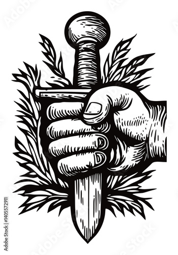 Hand Holding a Sword Engraving Design with Floral Elements