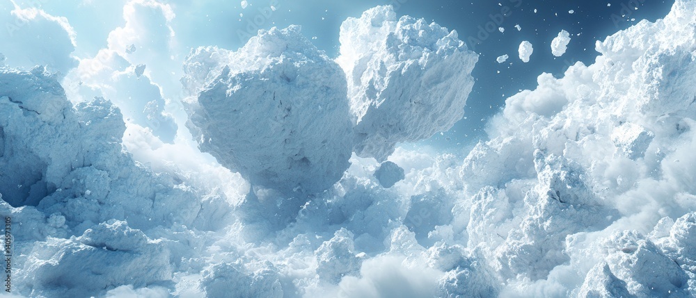 An expansive, snow-like cloudscape, bathed in soft blue light, with floating masses of cloud An expansive, snow-like cloudscape, bathed in soft blue light, with floating masses of cloud