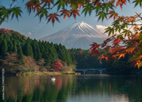 Autumn landscape featuring a serene lake surrounded by colorful trees and Mount Fuji in the background, autumn, landscape
