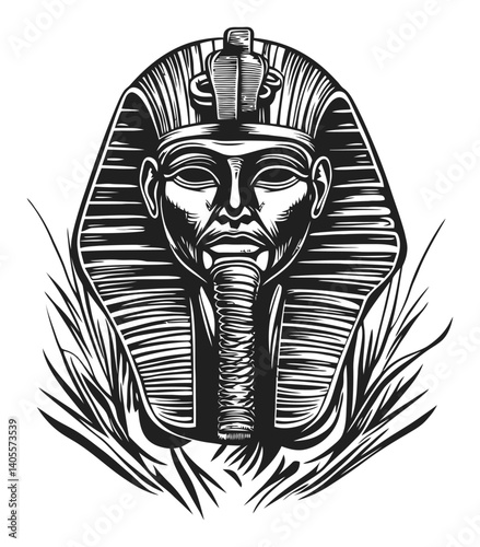 Engraving of Ancient Egyptian Pharaoh Head with Detailed Design