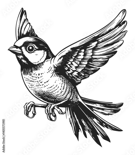 Detailed Engraving of a Flying Bird Illustration in Black and White