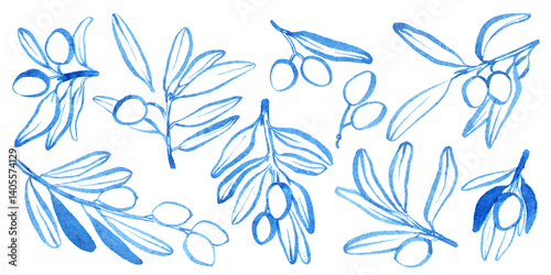 Watercolor hand drawn olibe branch. Linear brush drawn olive brunch with leaves and olive. Use as print, poster, invitation, element design, textile, package, clothes print, stickers.