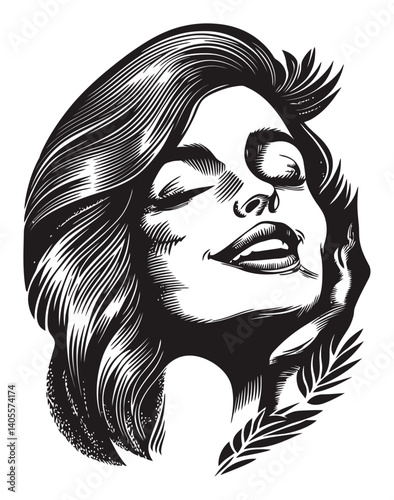 Elegant Engraving of a Woman's Face with Serene Expression