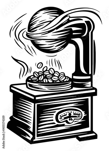 Vintage Engraving of a Traditional Coffee Grinder with Beans
