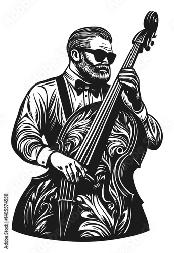 Vintage Engraving of a Musician Playing Double Bass with Style