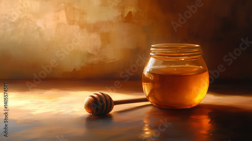 Honey jar and dipper on rustic background in warm light

