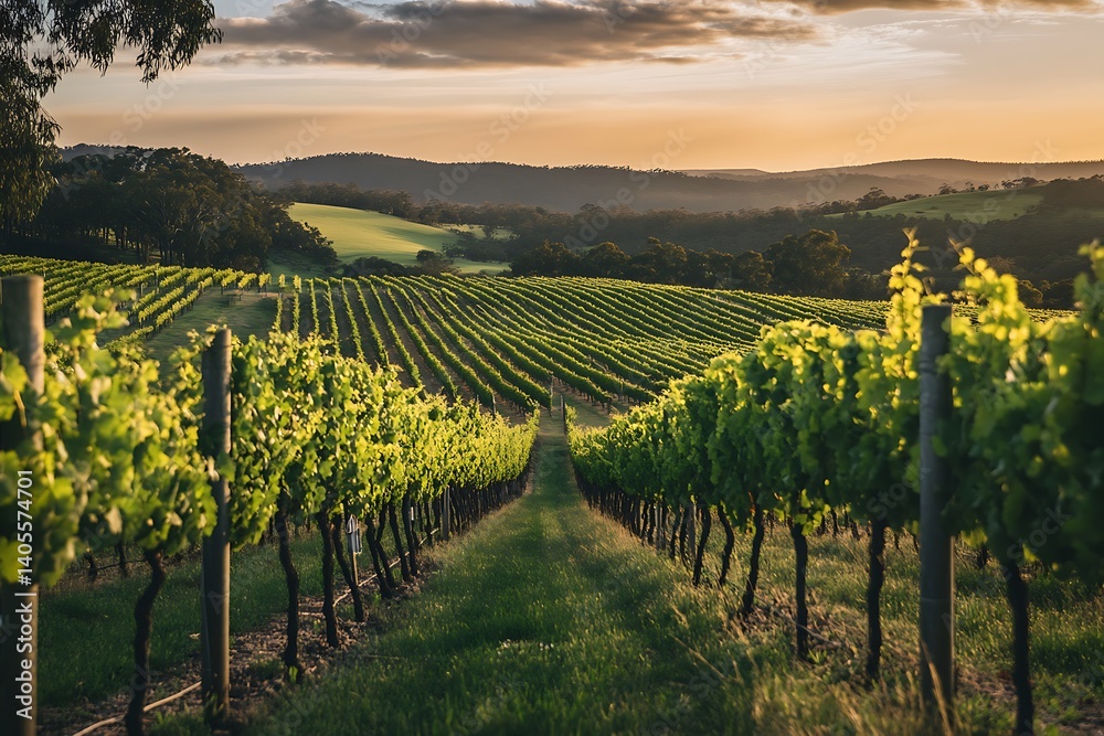 Fototapeta premium Lush Green Vineyard Rows, Hilly Landscape, Golden Sunset Light, Peaceful Agriculture