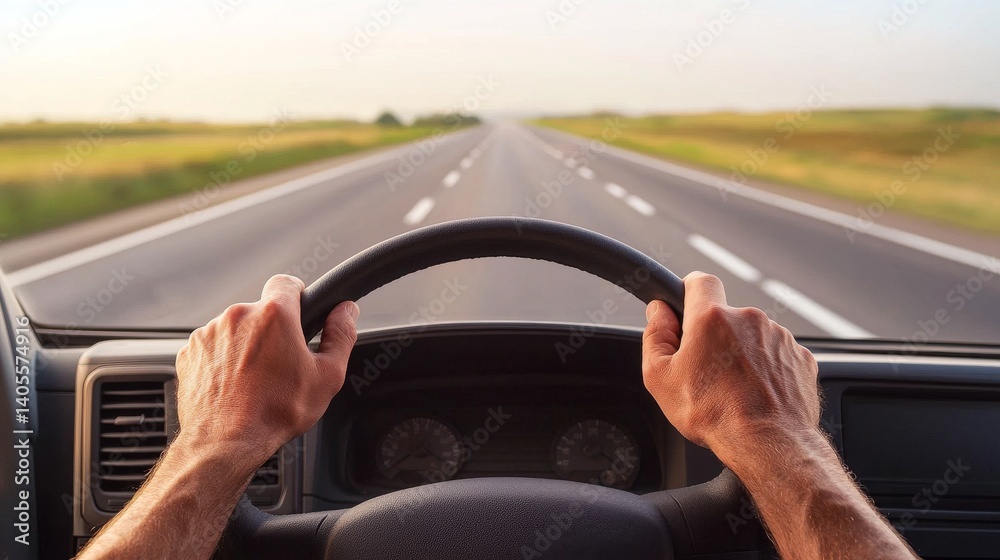 Hands on steering wheel with open road ahead in a scenic landscape. Hands on steering wheel with open road ahead in a scenic landscape.