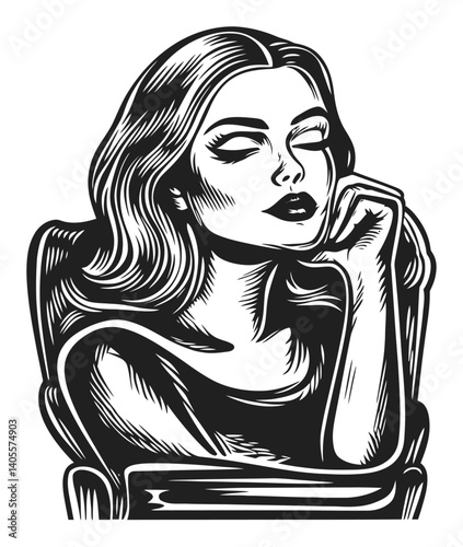 Elegant Engraving of a Thoughtful Woman with Beautiful Hair