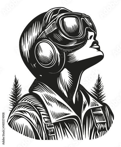 Vintage Engraving of a Pilot Wearing Goggles and Headset