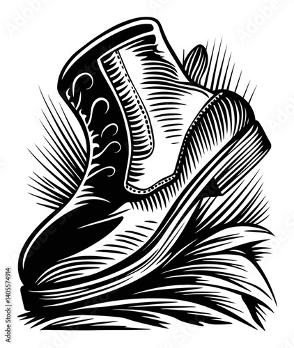 Detailed Black and White Engraving of a Stylish Boot on Grass