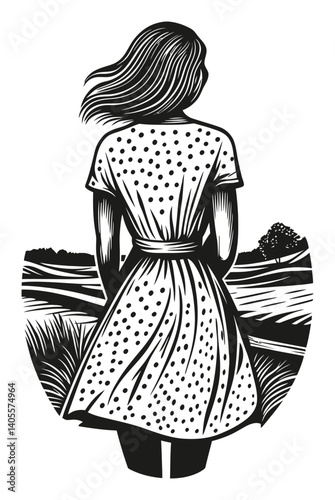 Elegant Woman in Polka Dot Dress Engraving with Scenic Background