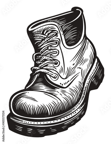 Detailed Engraving of a Classic Work Boot in Black and White Style