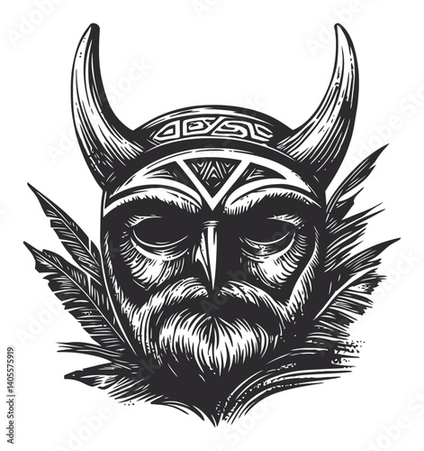 Detailed Engraving of a Viking Warrior with Horned Helmet and Beard