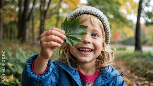 Wallpaper Mural Playful happy young child wearing a beanie hat covers one eye with a large green maple leaf while smiling in a beautiful autumn forest park during the fall season. Torontodigital.ca