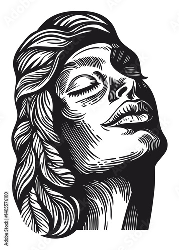 Detailed Engraving of a Serene Woman in Artistic Black and White