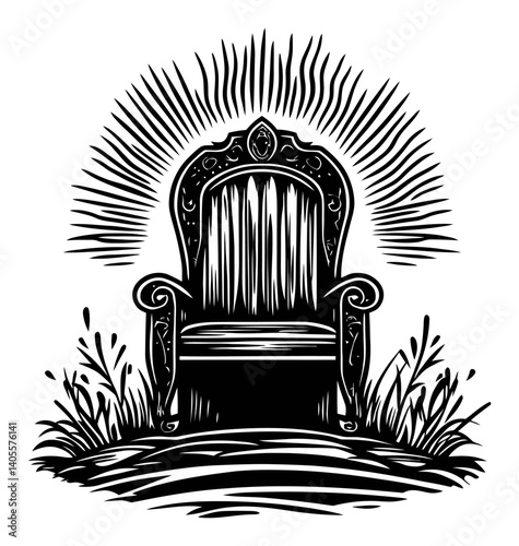 Decorative Engraving of an Ornate Throne Surrounded by Radiance