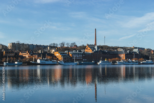 Photography panorama of stockholm sweden with water reflections on canals