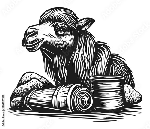Detailed Engraving of a Camel with Textures and Natural Elements