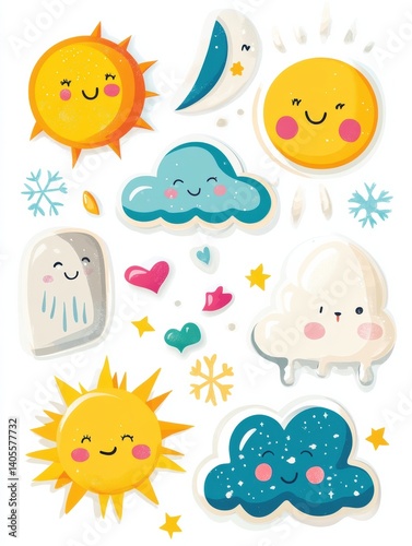 Weather-themed sticker illustrations featuring cute sun, cloud, rain, snowflake icons on a white background for creative projects