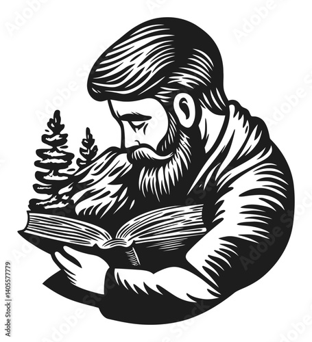 Detailed Engraving of a Bearded Man Reading a Book with Trees
