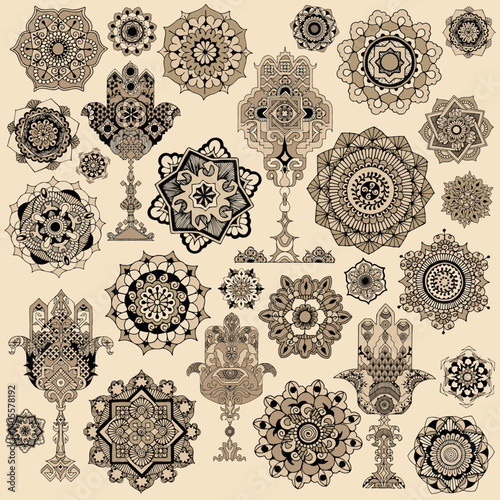 A set of richly decorated elements in the style of mehndi. A set of "Palms of Fatma", polyphyllus, mandalas that can be used as a background or as design elements.