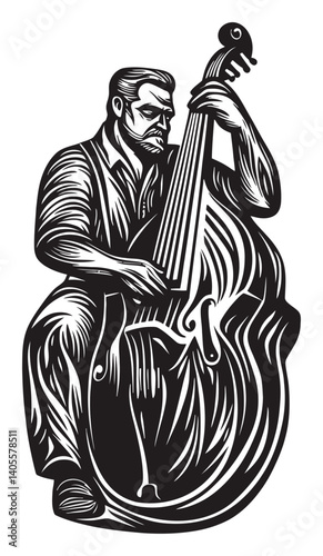 Elegant Engraving of a Musician Playing Double Bass Instrument
