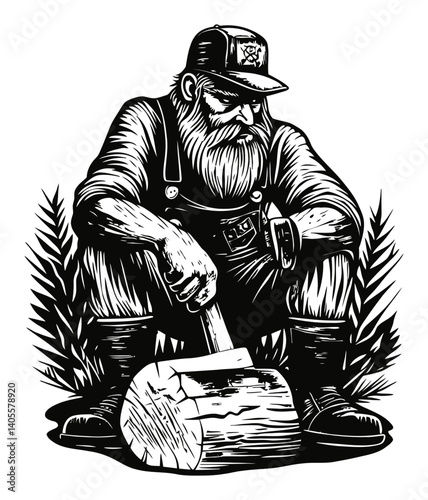 Engraving of a Bearded Worker with Axe in Nature Setting