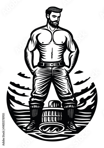 Strong Man Engraving Standing Confidently by the Water's Edge