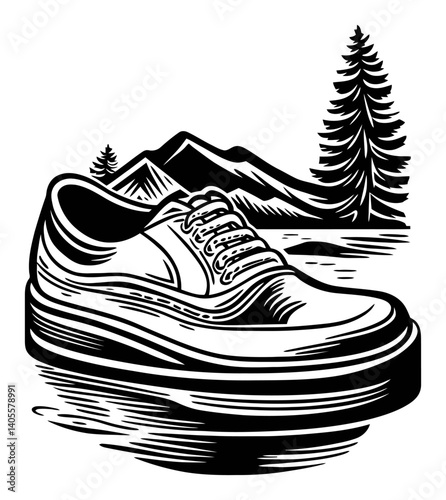 Vintage Engraving of a Classic Shoe with Mountain and Forest Background
