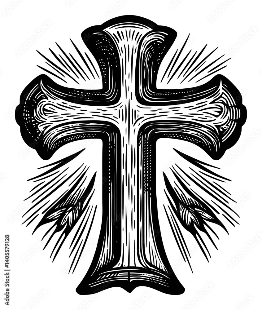 Obraz premium Detailed Engraving of Decorative Cross with Radiant Outline