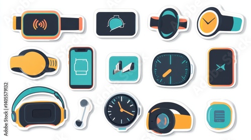 Explore a tech sticker set featuring flat icons of smartphones, smartwatches, VR headsets, and wireless earbuds for your creative projects