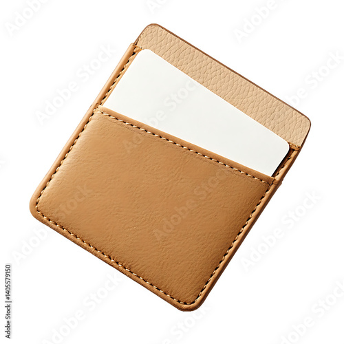 Tan leather card holder with blank card inside.