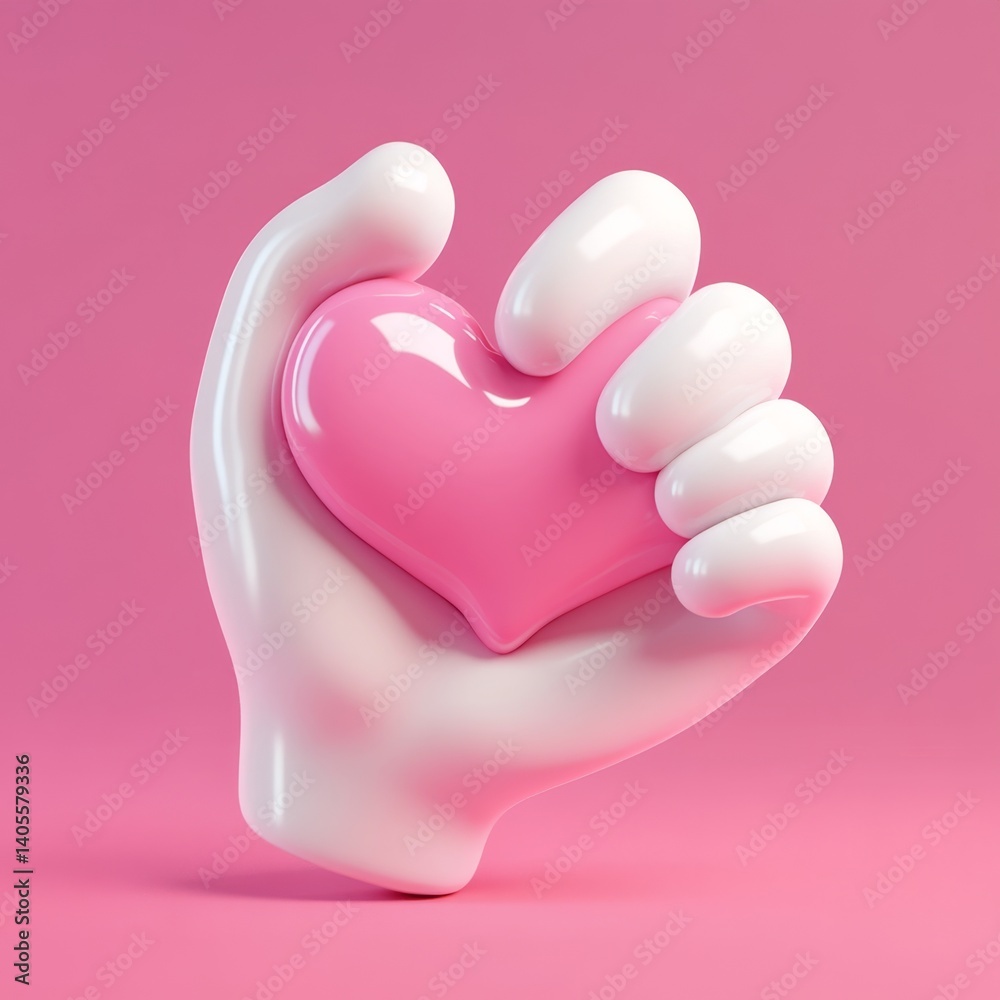 A hand holding a heart. A soft, 3D rendered hand clutches a glossy pink heart against a rose backdrop. The elements appear cartoonish and whimsical, with rounded shapes and smooth surfaces A hand holding a heart. A soft, 3D rendered hand clutches a glossy pink heart against a rose backdrop. The elements appear cartoonish and whimsical, with rounded shapes and smooth surfaces