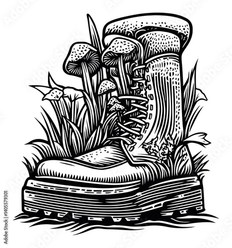 Detailed Engraving of a Boot Surrounded by Mushrooms and Grass