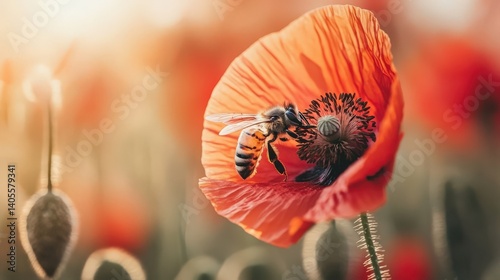 A honeybee pollinating a red poppy flower in bright sunlight