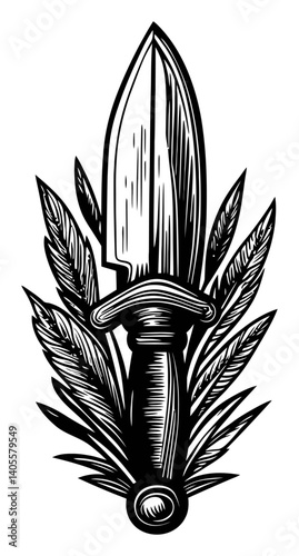 Elegant Engraved Knife with Decorative Leaves in Black and White Style