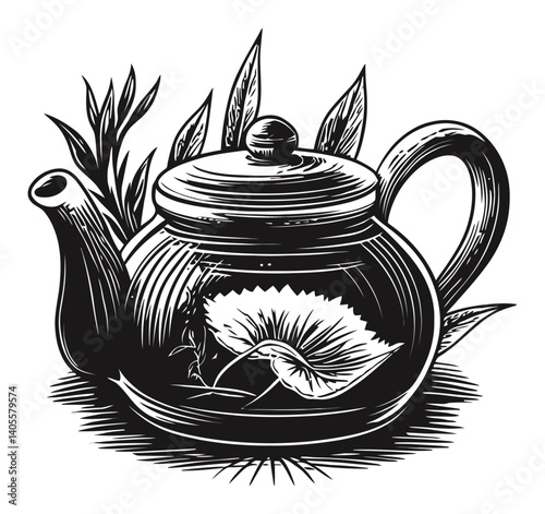 Detailed Black and White Engraving of a Teapot with Floral Design