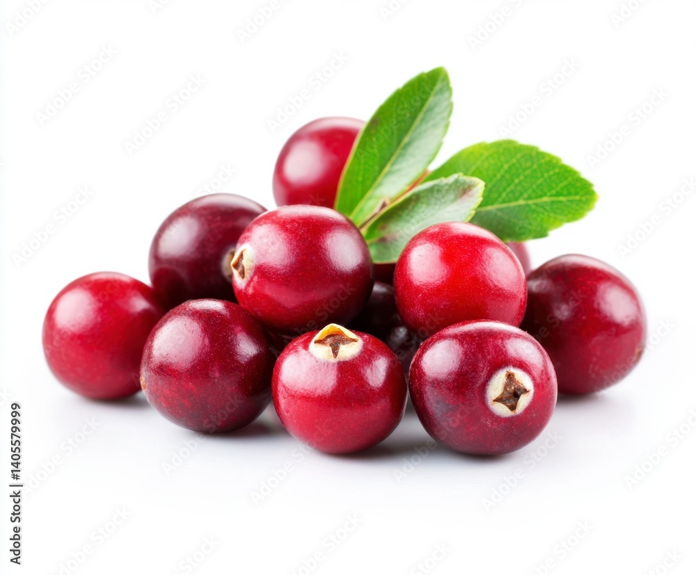 Fresh and Juicy Cranberries on White Background with Green Leaves Fresh and Juicy Cranberries on White Background with Green Leaves