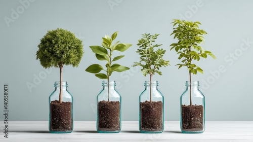 Obraz na płótnie Four young trees growing in glass jars as a metaphor for sustainability, innovation and green future w salonie